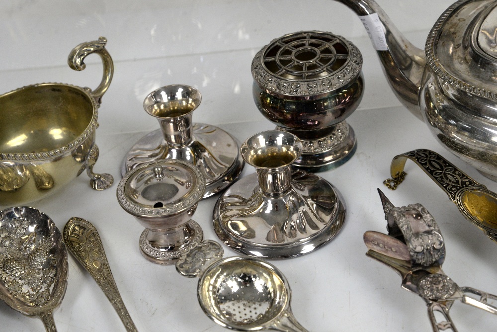 A Georgian silver caddy spoon, a pair of silver miniature candlesticks, a silver cup, white metal - Image 15 of 27
