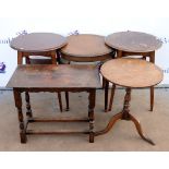 Pair of mahogany tables with under tier, mahogany window table, oak side table and a tripod table