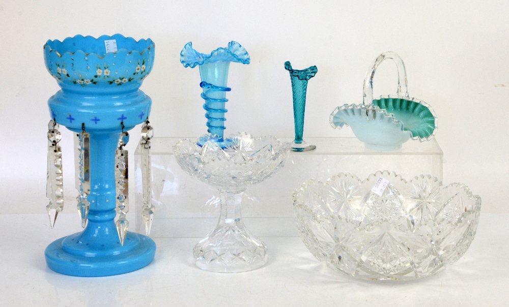 Quantity of late 19th or early 20th century blue opaline glass to include a blue glass lustre, a cut - Image 2 of 14