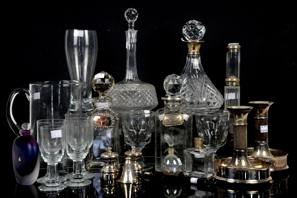 Two glass decanters with silver collars, a pair of Georgian goblets with knopped stems, silver - Image 2 of 8
