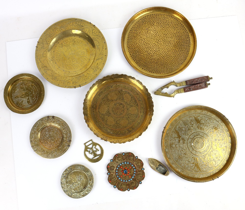 Brass and copper items to include two pairs of brass candle sticks, copper pans, trays, bowls and - Image 2 of 2