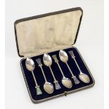 Cased set of six New Zealand sterling silver and Pana shell spoons