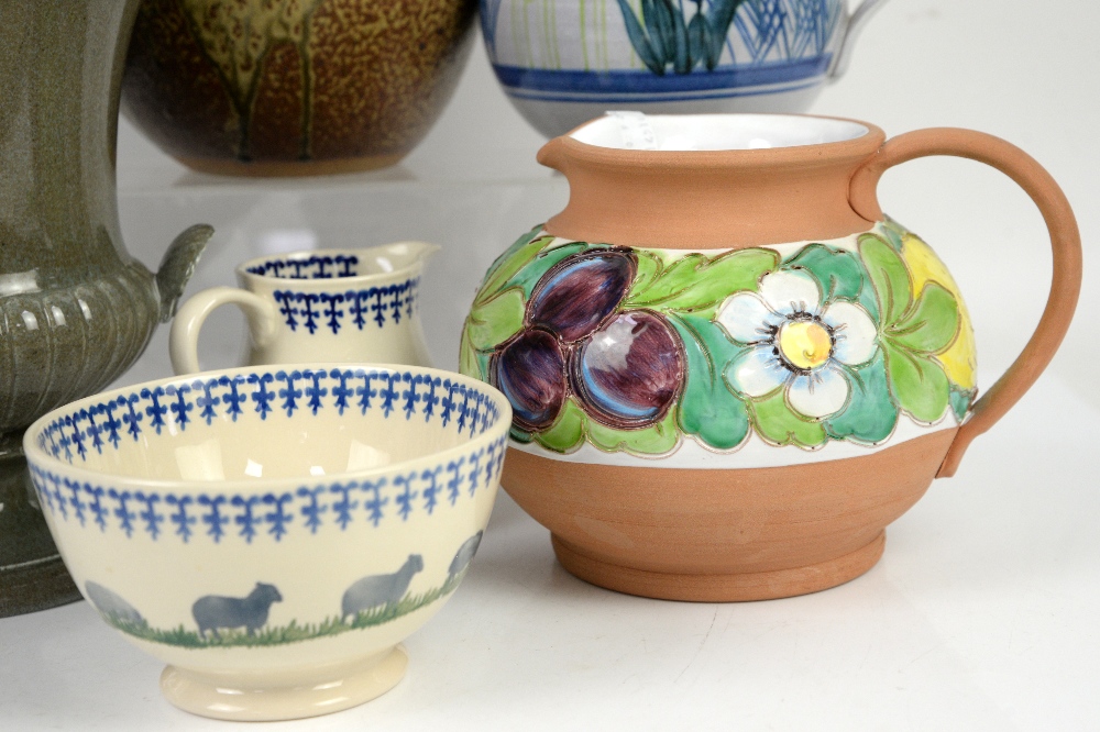 Assorted pottery and glass wares to include large glass vase, 2 pottery jugs, and a teapot, and an - Image 8 of 12