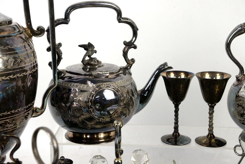 Collection of silver plated items to include a samovar, egg cruet, epergne with two glass vases, tea - Image 10 of 16