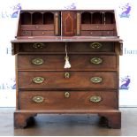 19th century mahogany bureau, the fall front with fitted interior and marquetry inlaid decoration