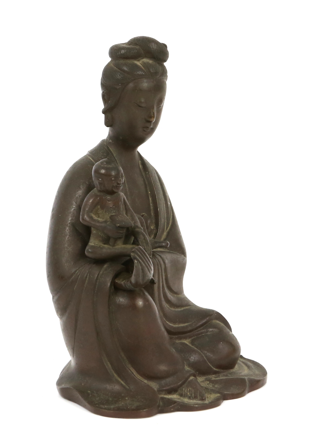 Asian brass figure of a woman seated with child, another wooden figure and two glass cylindrical - Image 4 of 6
