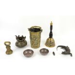 Group of brass and metal ware including a crocodile, small bucket/bottle cooler, bell, etc.