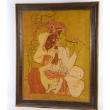 Two Indian paintings on fabric, one depicting a man playing music to his lover, signed 'Hira' to