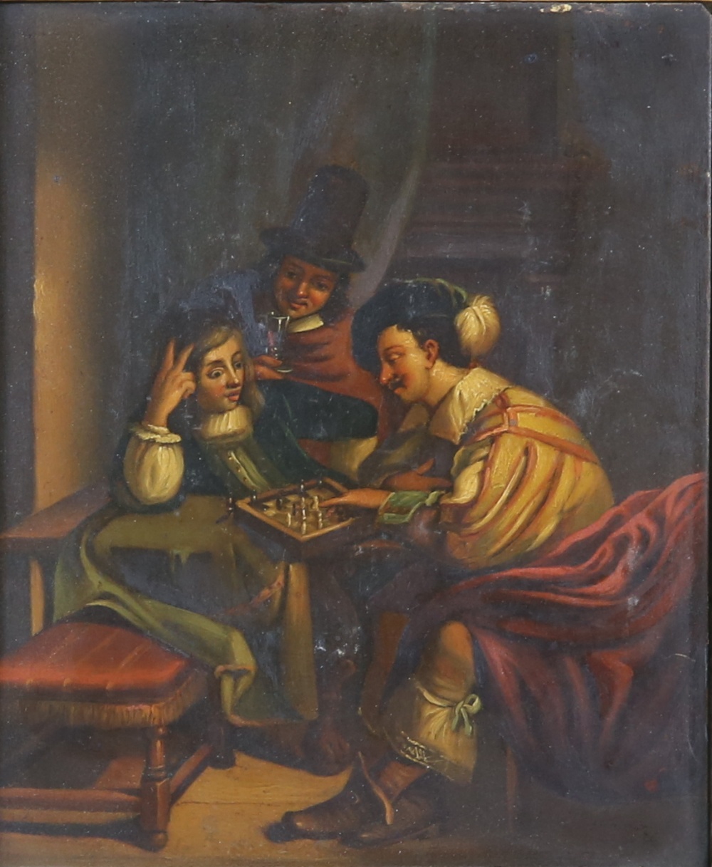 19th century oil, figures playing chess. 19.5 x 16.5cm. Framed. Frame in poor conditionSome wear and