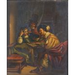 19th century oil, figures playing chess. 19.5 x 16.5cm. Framed. Frame in poor conditionSome wear and