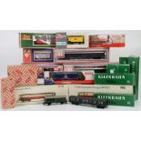 Three Lima H0/00 gauge coaches, comprising 309206 x2, 305332W, four Lima goods wagons 302710,