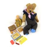 Pre War play worn teddy bear with BOAC Junior Jet club badge, music box, printing set and tiddly