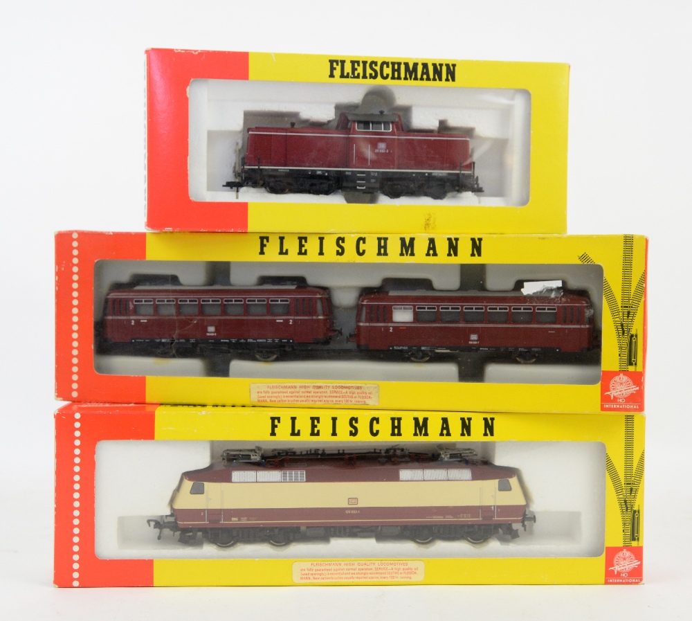 Fleischmann H0/00 gauge 4350 electric locomotive, 4400 Railbus set and 4228 locomotive, (3), boxed,