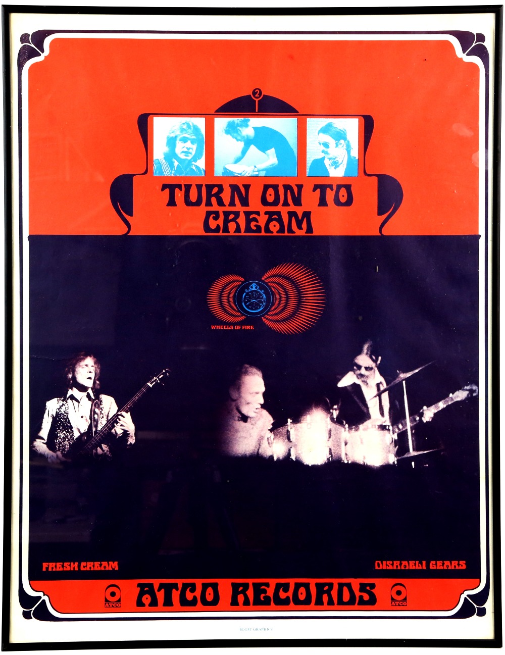 Cream Original Atco Records Poster, 'Turn on to Cream', framed, 18 x 23 inches.