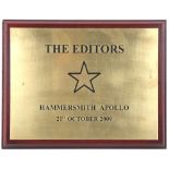 Editors - Hammersmith Apollo Plaque from their show on 21st October 2009, 18 x 23 cm.