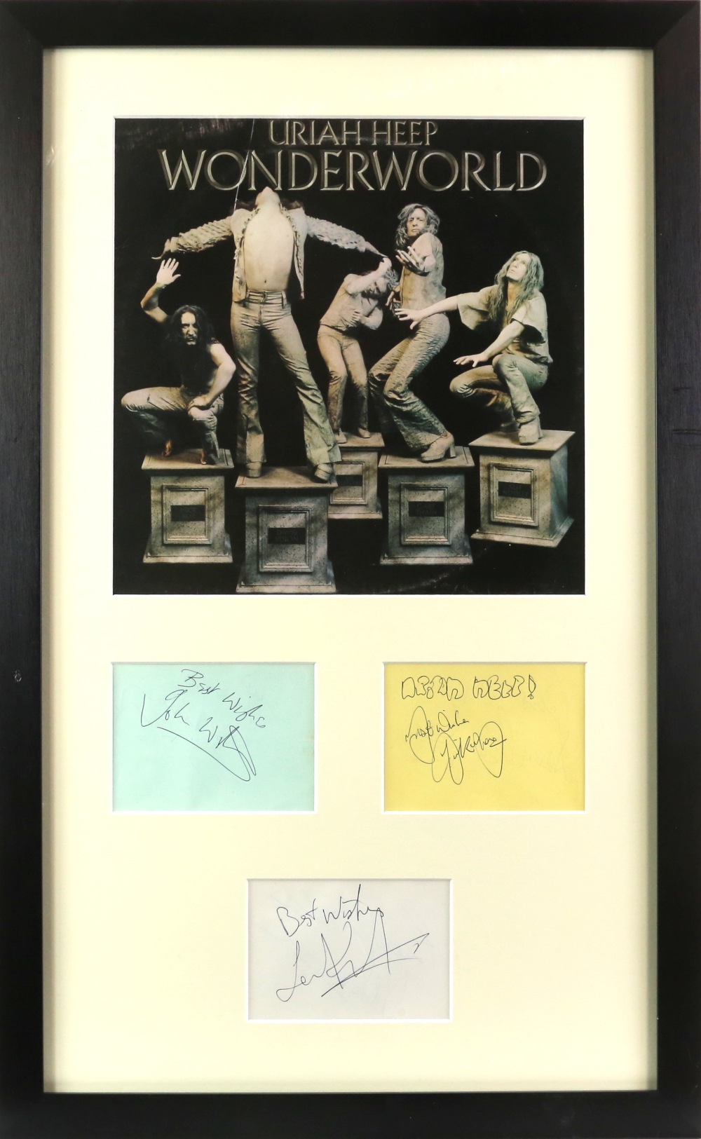 Uriah Heep - A signed presentation display, with a signed pages under an album cover for '