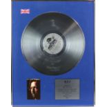 Eric Clapton 'Journeyman' BPI Silver Award. Presented to Eric Clapton in 1989 for 60,000 sales of '