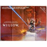 Willow (1988) British Quad film poster signed on the front by Warwick Davis, folded, 30 x 40 inches
