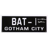 Batman - Metal sign ‘BAT-1 Gotham City’, signed by Val Kilmer who played Batman, 5.5 x 14.5 inches.