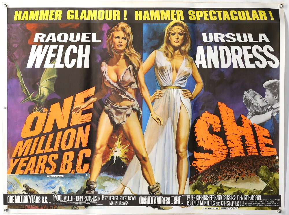 One Million Years B.C./She (1966) British Quad Double Bill film poster, signed by Ray Harryhausen,