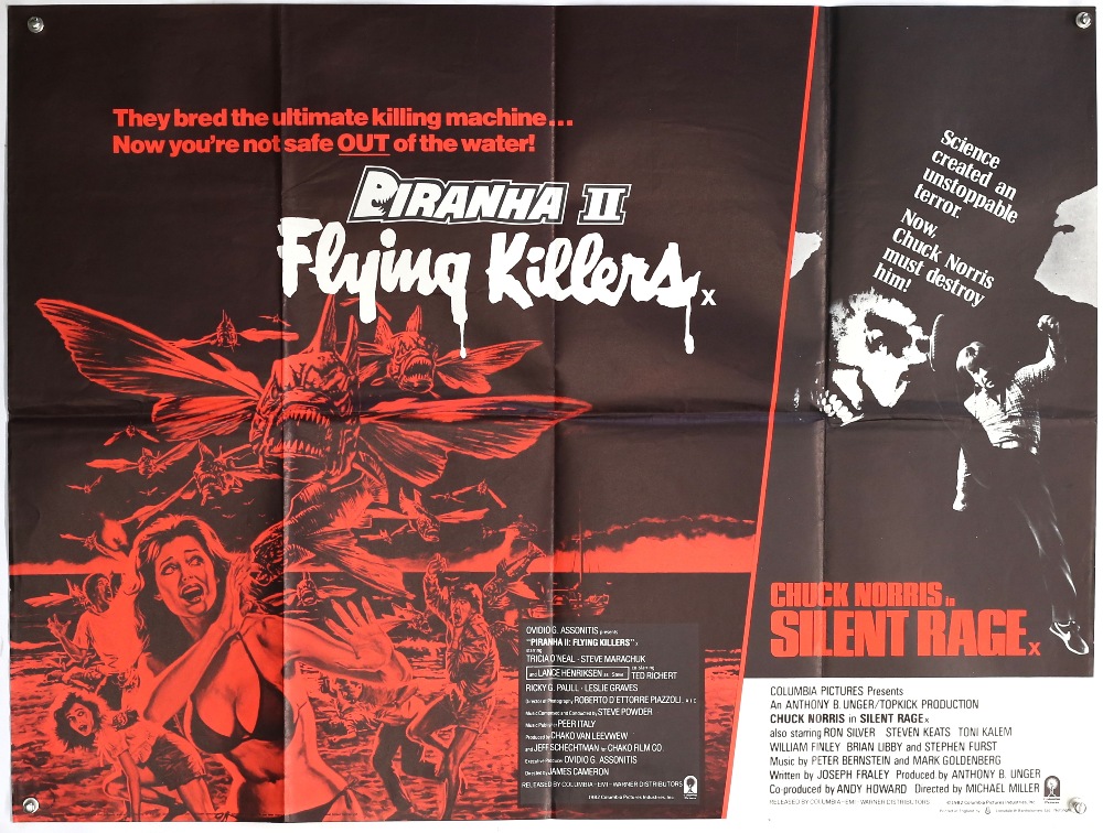 Piranha (1978) British Quad and Double Bill film poster for Piranha II, artwork by Bob Larkin,