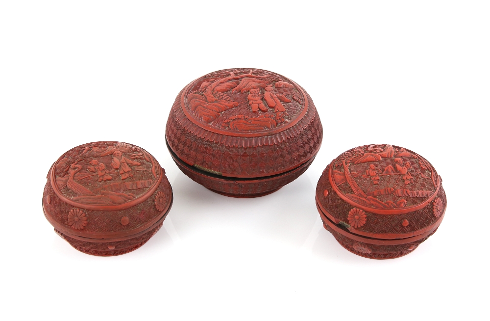 Three Chinese red lacquer boxes; each one of circular form with domed cover; the largest 12 cm - Image 2 of 4