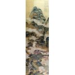 A Chinese picture on textile portraying figures in a retreat beside the mountains; with five lines
