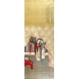 A Chinese picture on textile of two women, looking at a sword in an interior; the right hand side