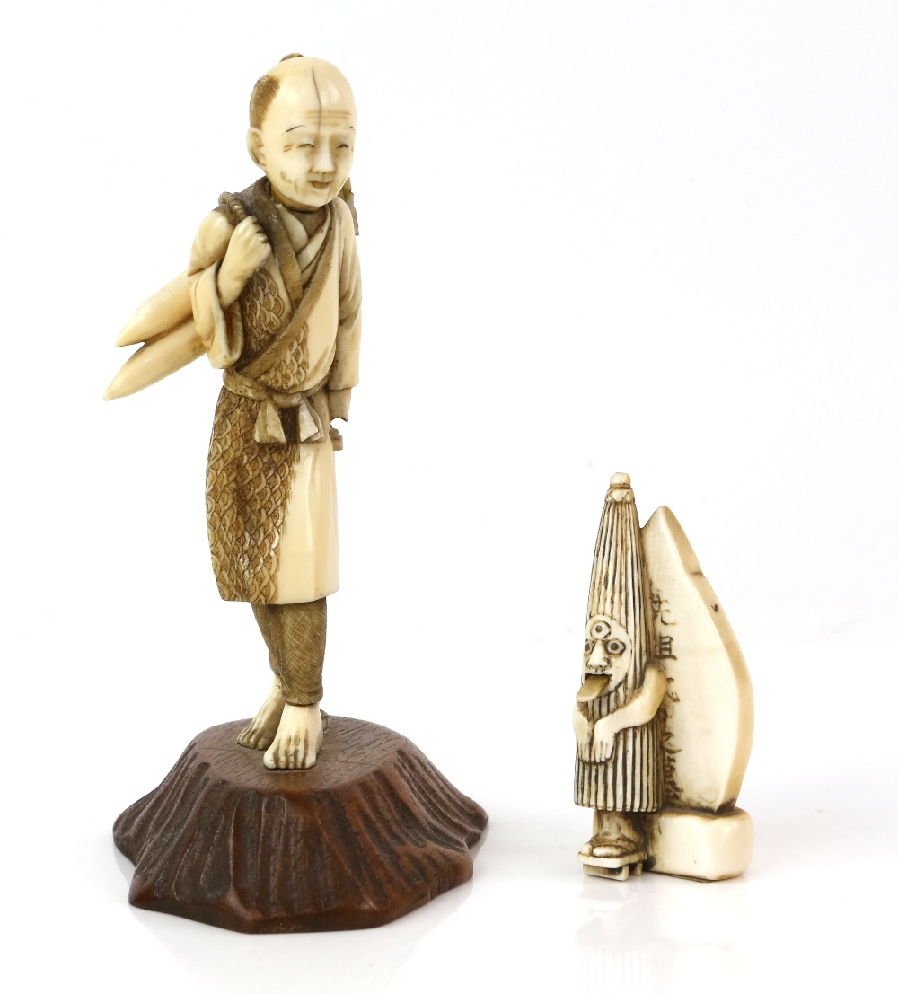 Japanese ivory Netsuke of Kasa-Obake 7cm and an okimono of a farmer, 12cm