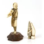 Japanese ivory Netsuke of Kasa-Obake 7cm and an okimono of a farmer, 12cm