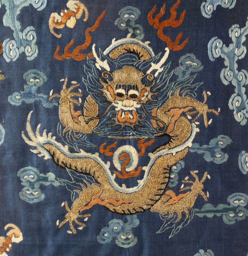 A framed Chinese textile of a coiled dragon, overall dimensions including frame about 65 x 58 cm; - Image 4 of 8