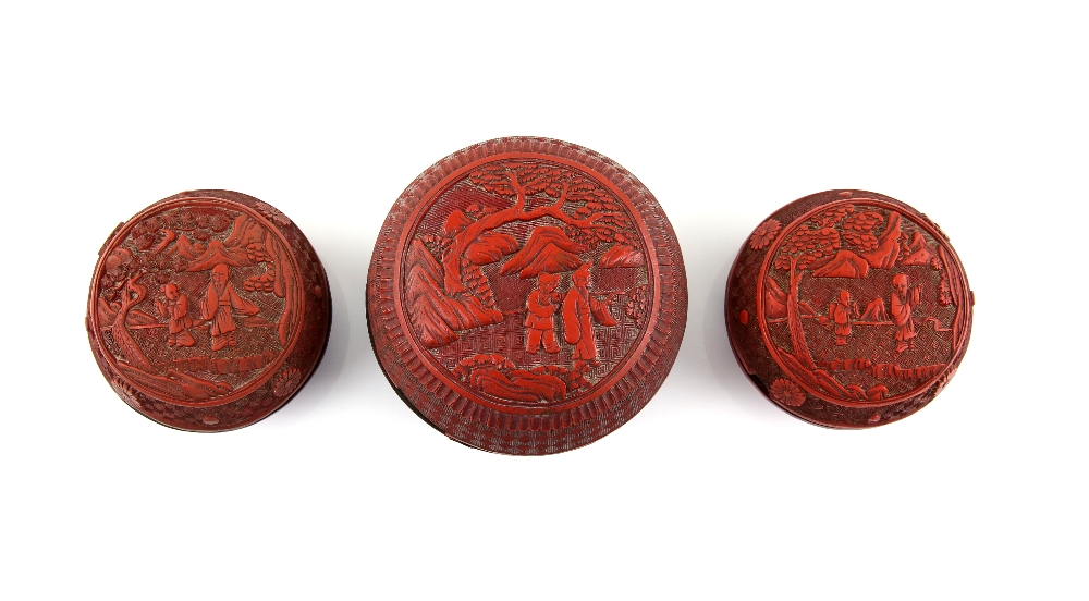 Three Chinese red lacquer boxes; each one of circular form with domed cover; the largest 12 cm