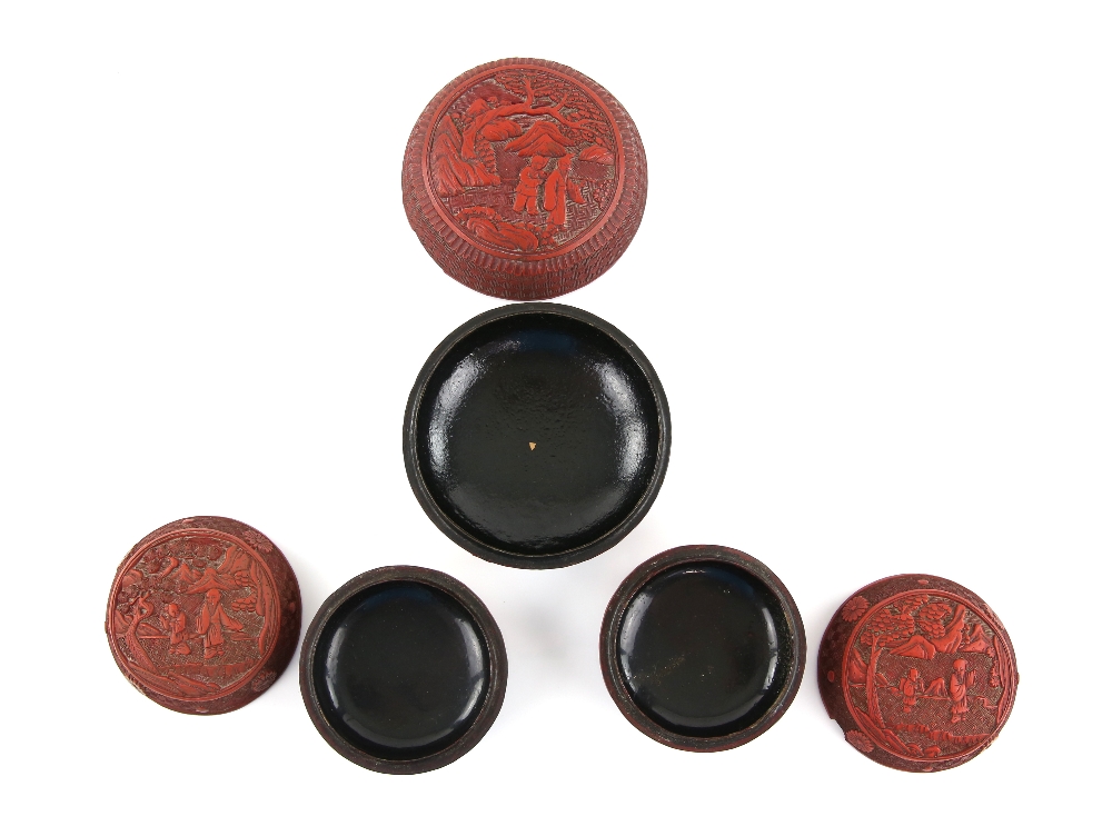 Three Chinese red lacquer boxes; each one of circular form with domed cover; the largest 12 cm - Image 3 of 4
