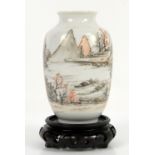 A Chinese vase, decorated en-grisaille and orange highlights with scholars and river craft in a