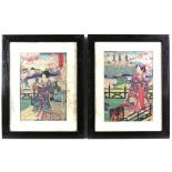 Nine Japanese oban tate-e, all framed and glazed; each one depicting figures from either late Edo or