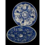 A blue and white dish, decorated with fan-shaped panels depicting Natural History designs and