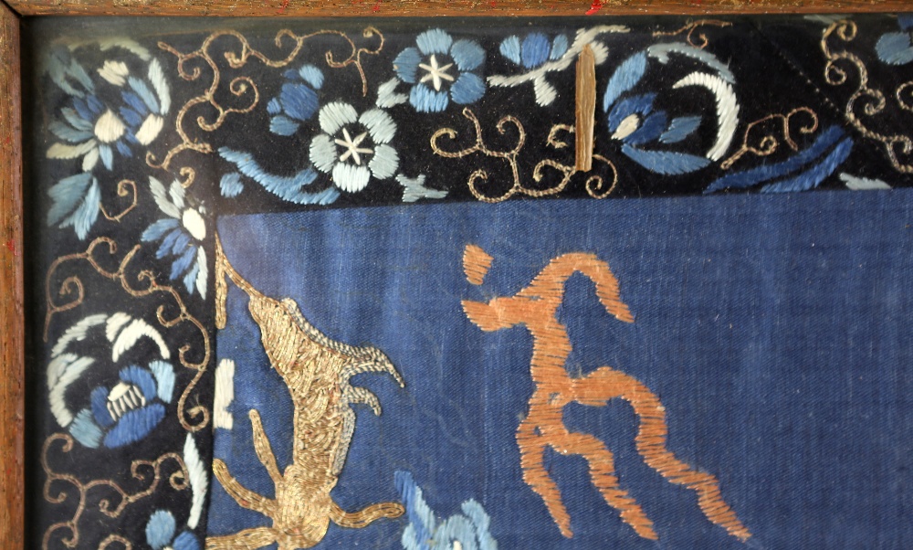 A framed Chinese textile of a coiled dragon, overall dimensions including frame about 65 x 58 cm; - Image 3 of 8