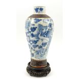 Chinese blue and white vase with two bands of incised decoration, on carved hardwood stand Please