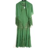 Bottle green crepe / lace sleeveless long dress & jacket with flared sleeves , 1930s