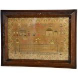 Sampler worked by Mary Jones, aged 12, 1837 depicting houses, figures and animals 29cm x 43cm