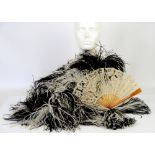 Edwardian black and white ostrich feather boa with tasseled ends, together with a Honiton lace fan