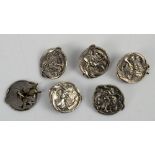 Six Art Nouveau silver buttons decorated with a lady with a wide brimmed hat, Birmingham 1901 Sydney