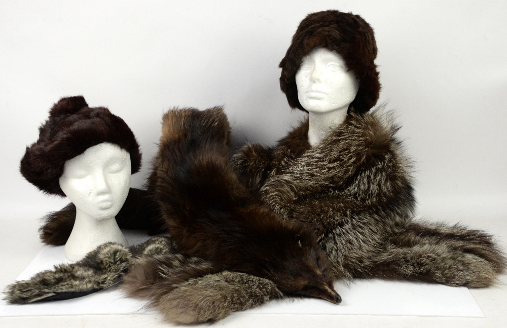 Vintage fur accessories including Ermine tippet, long blue Fox stole and cuffs, and early 20th