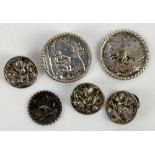 3 silver buttons applied with mother and child and another of Huntsmen, 2cm diameter and two