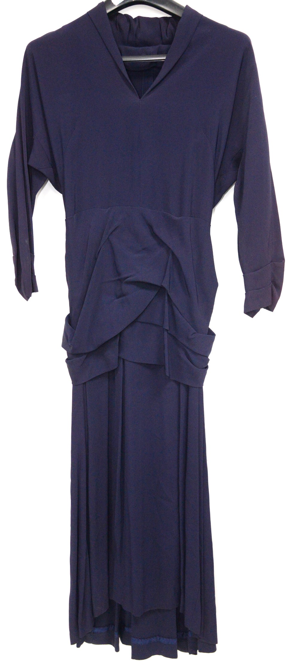 1940s navy full length cocktail dress with bat wing sleeves, with ruched draped fabric to waist area - Image 2 of 2