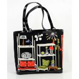 Lulu Guinness embroidery with 1950s homewares canvas bag with patent leather straps with original