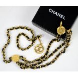 Classic vintage Chanel leather and gilt metal chain belt with medallion style pendant (marked 1984