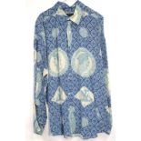 2 Timney Fowler silk men's shirts one in blue and one black and white with Neo Classical designs and