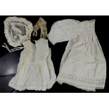 2 Victorian and later Christening Gowns detailed with embroidery and whitework, a child's dress ,