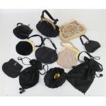 Vintage handbags dating from Edwardian to 1945s of mainly evening bags in black fabric together with